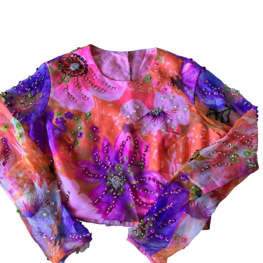 Miss Elliette California Hand-Beaded Floral Crop Blouse Sheer Sleeves Vtg 60s - Picture 9 of 16